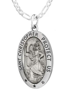 Ladies 925 Sterling Silver St Christopher Oval Antique Pendant Necklace, 22mm