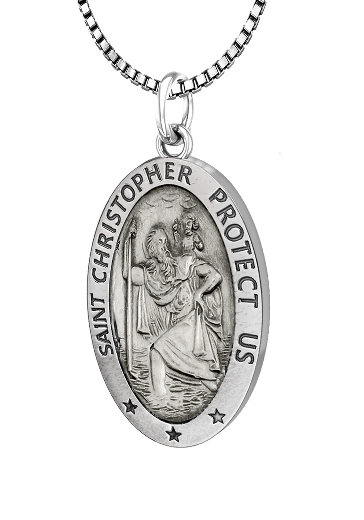 Ladies 925 Sterling Silver St Christopher Oval Antique Pendant Necklace, 22mm