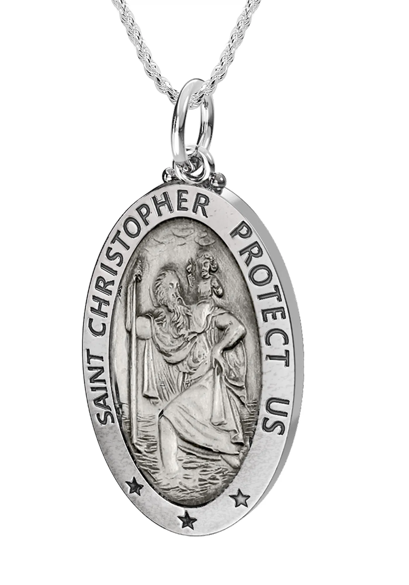 Ladies 925 Sterling Silver St Christopher Oval Antique Pendant Necklace, 26mm