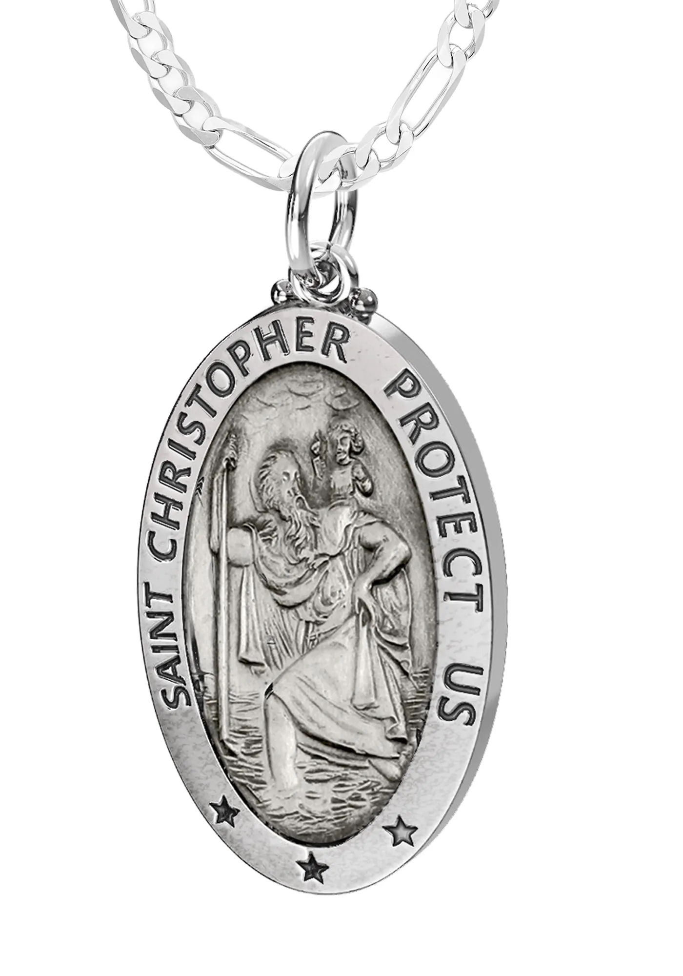 Ladies 925 Sterling Silver St Christopher Oval Antique Pendant Necklace, 26mm