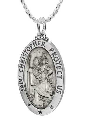 Ladies 925 Sterling Silver St Christopher Oval Antique Pendant Necklace, 26mm