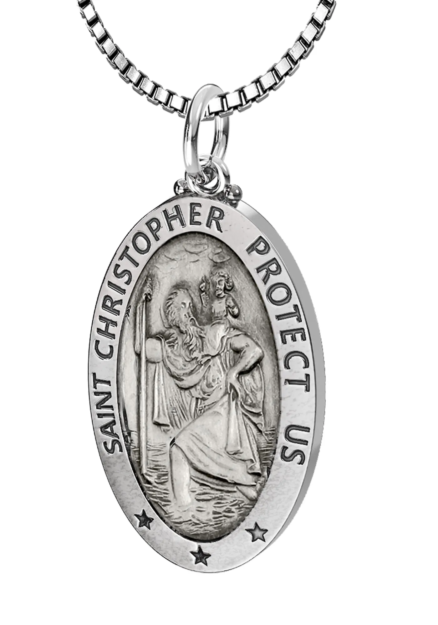 Ladies 925 Sterling Silver St Christopher Oval Antique Pendant Necklace, 26mm