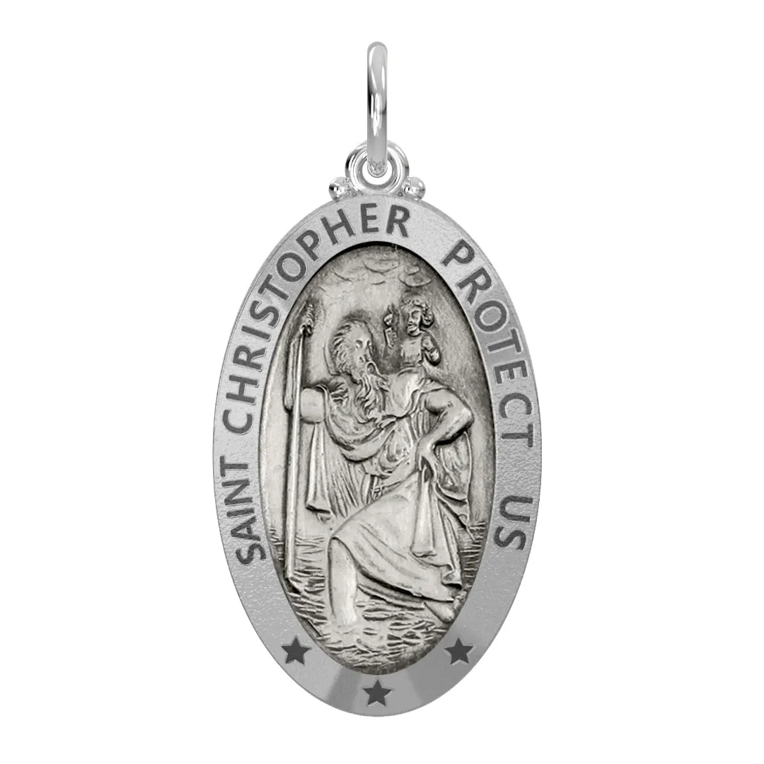 Ladies 925 Sterling Silver St Christopher Oval Antique Pendant Necklace, 26mm