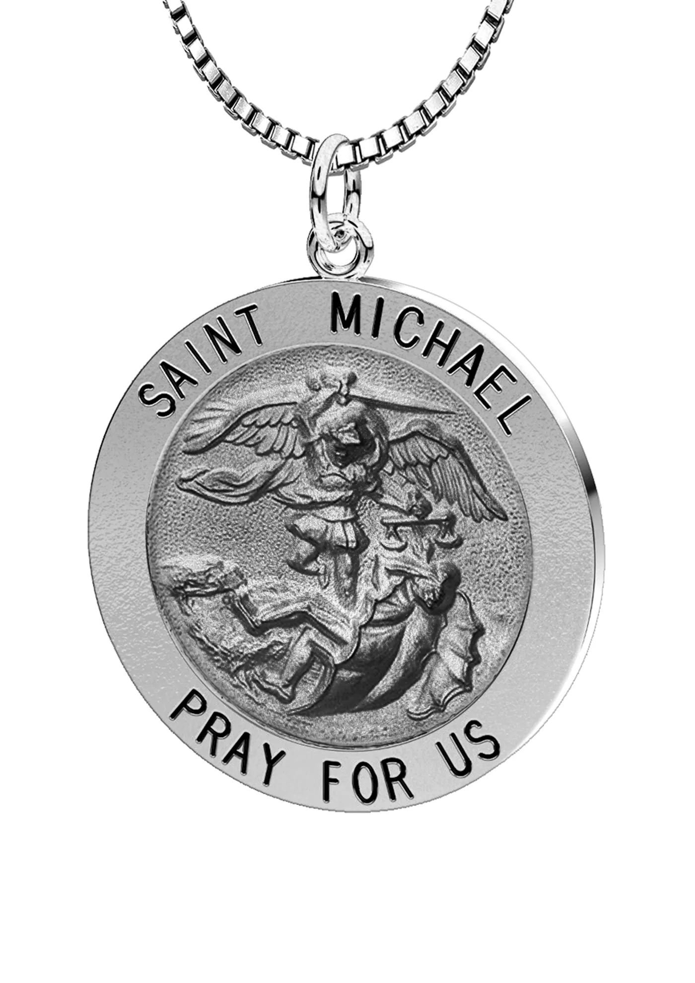 Ladies Antique 925 Sterling Silver Saint Michael Round Pendant Necklace, 22mm