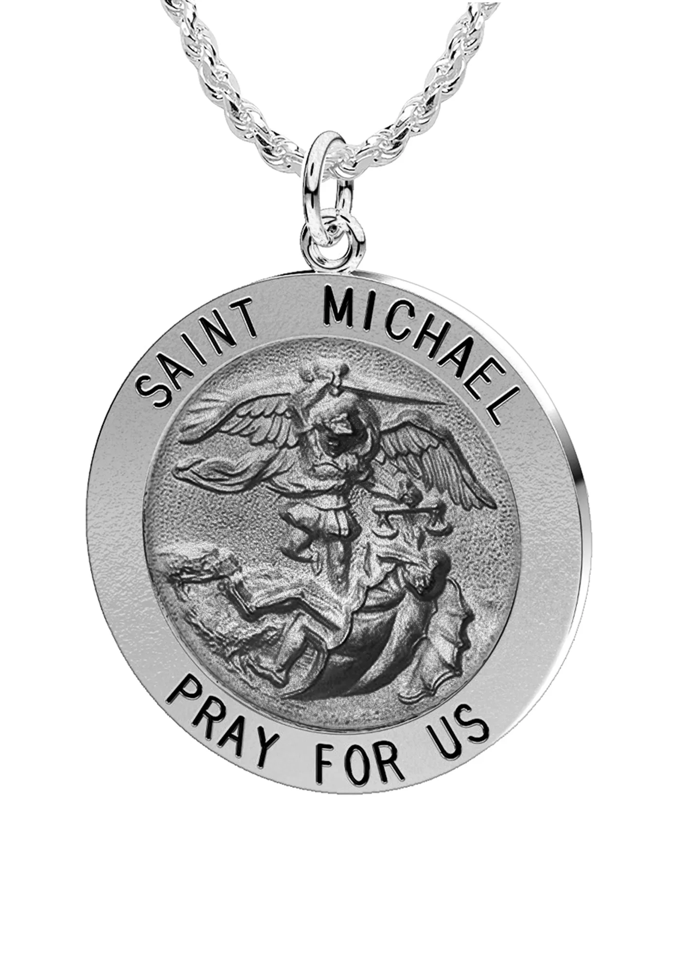 Ladies Antique 925 Sterling Silver Saint Michael Round Pendant Necklace, 22mm
