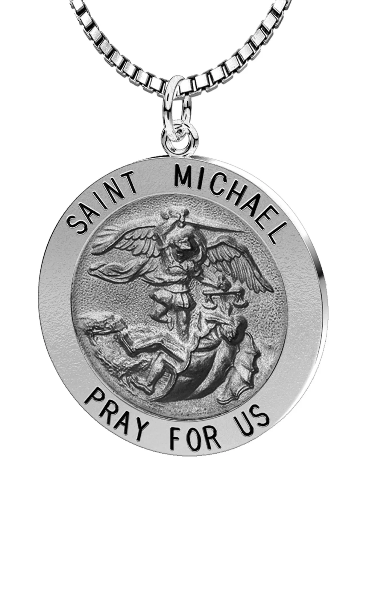Ladies Antique 925 Sterling Silver Saint Michael Round Pendant Necklace, 22mm