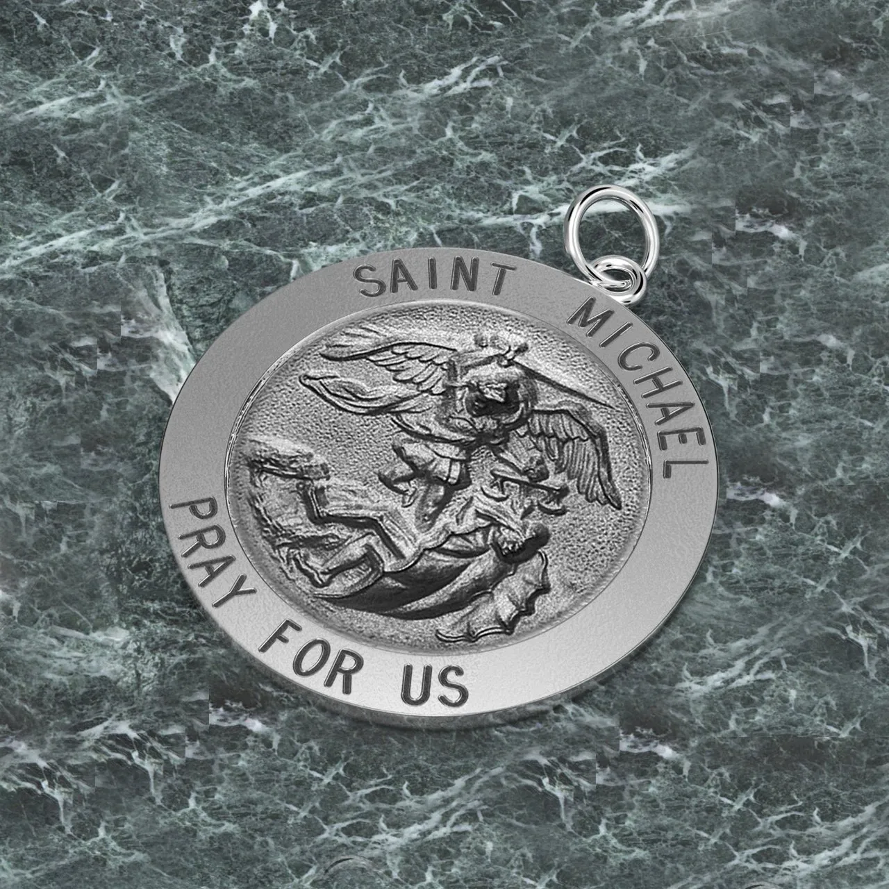 Ladies Antique 925 Sterling Silver Saint Michael Round Pendant Necklace, 22mm