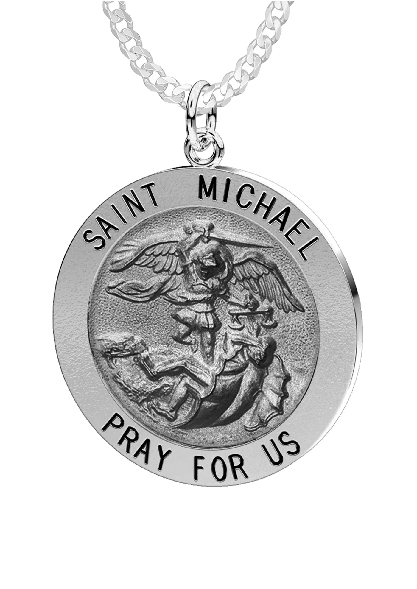 Ladies Antique 925 Sterling Silver Saint Michael Round Pendant Necklace, 22mm