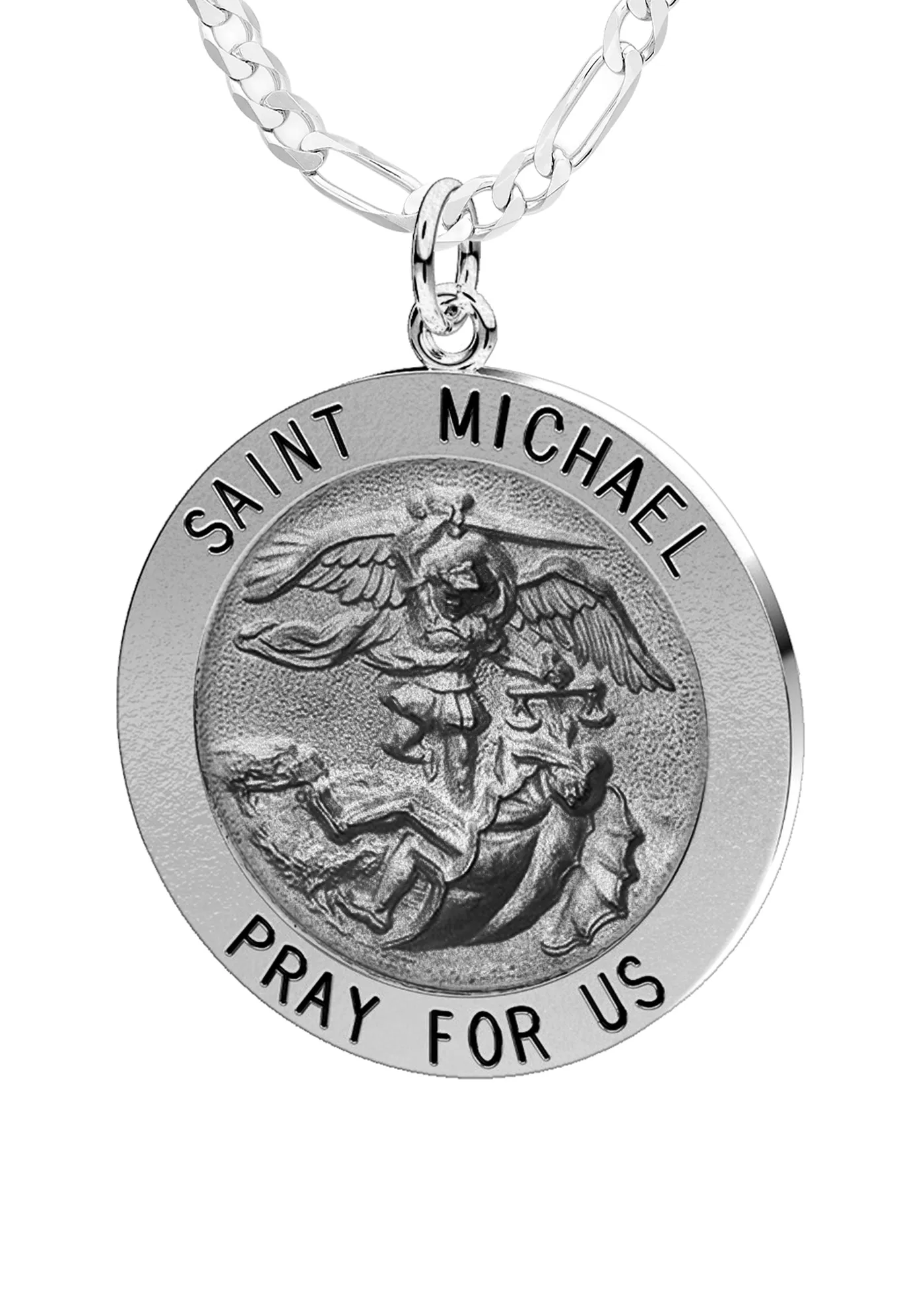 Ladies Antique 925 Sterling Silver Saint Michael Round Pendant Necklace, 22mm