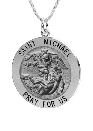 Ladies Antique 925 Sterling Silver Saint Michael Round Pendant Necklace, 22mm