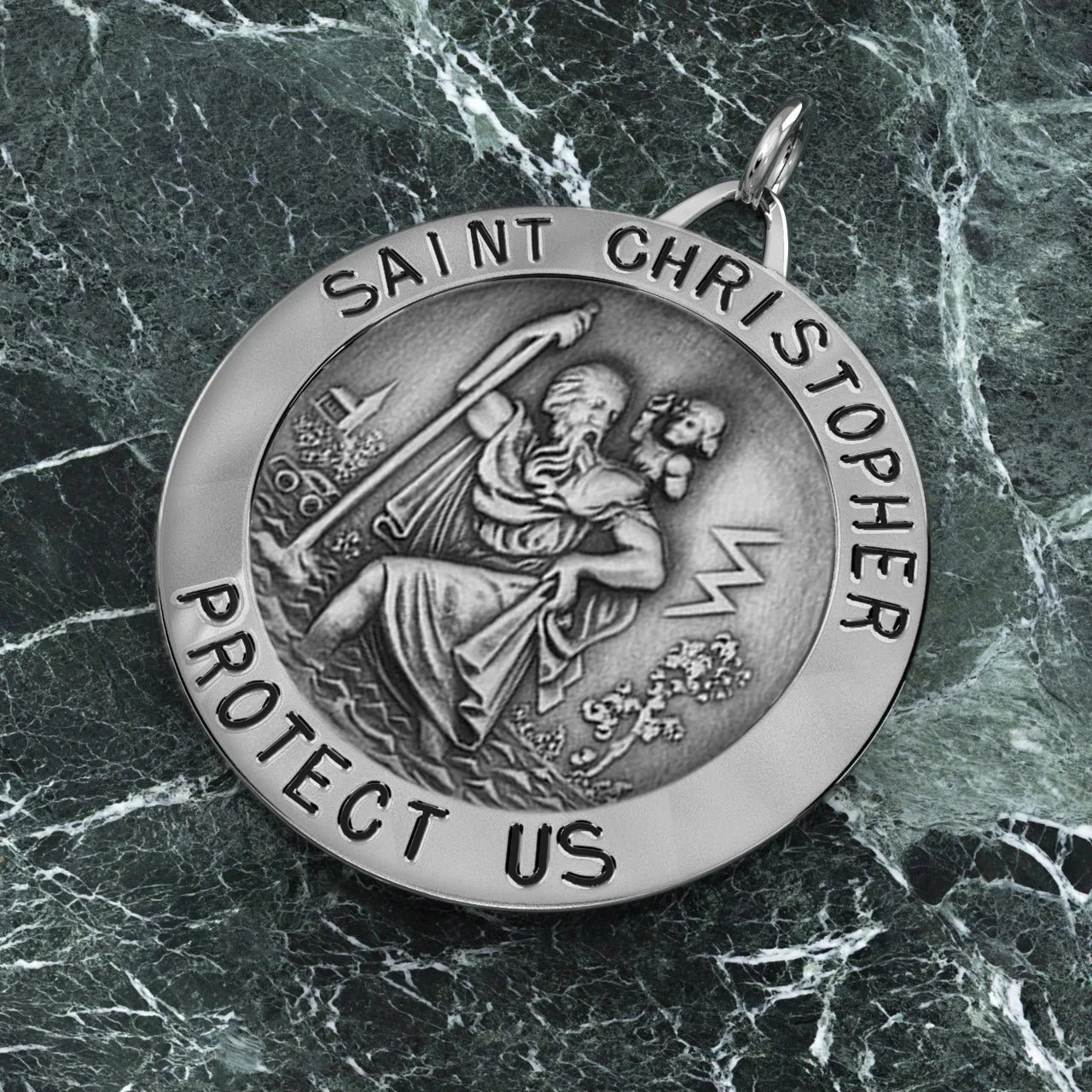 Large Men's 925 Sterling Silver Saint Christopher Round Antique Pendant Necklace, 32mm