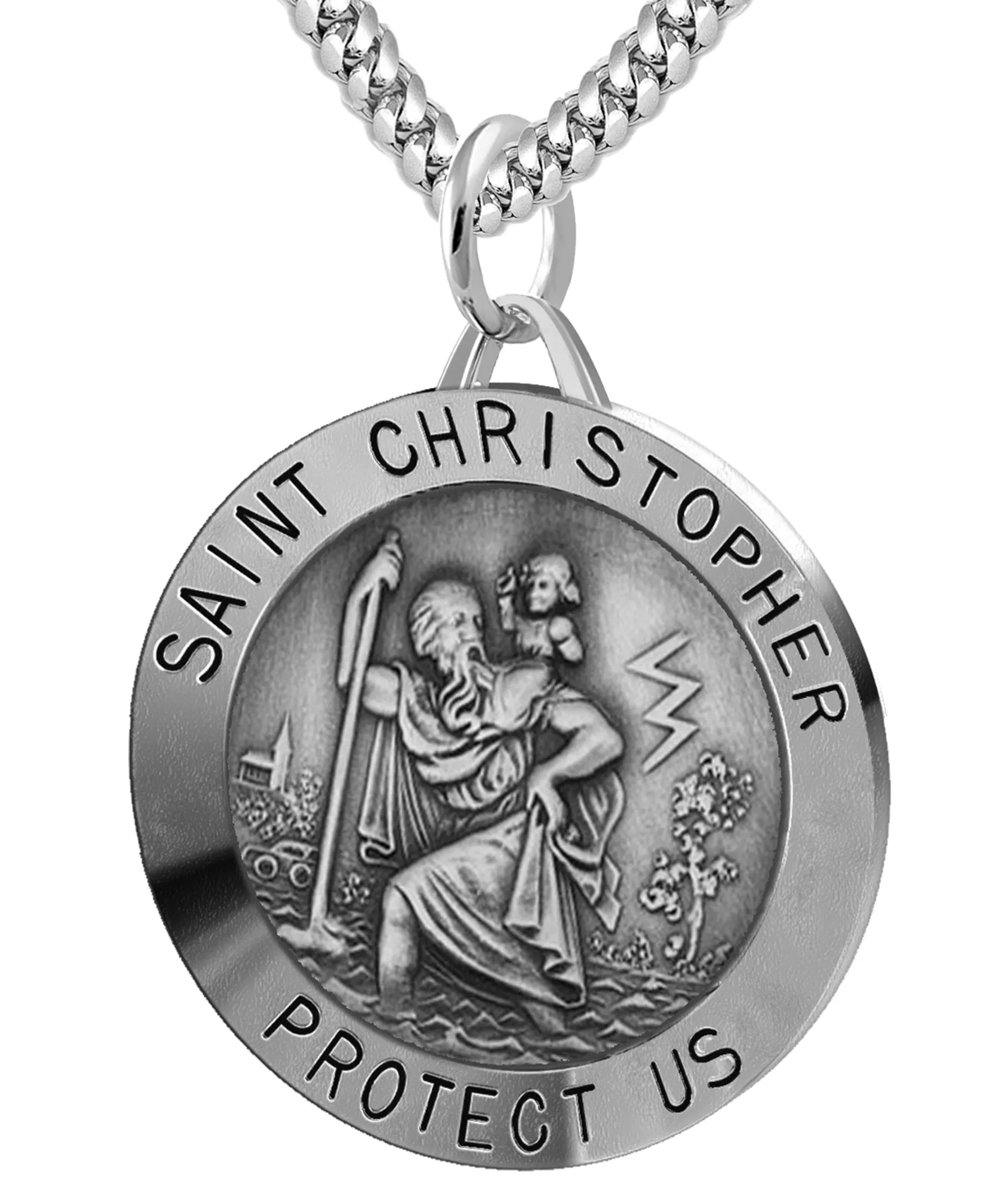 Large Men's 925 Sterling Silver Saint Christopher Round Antique Pendant Necklace, 32mm
