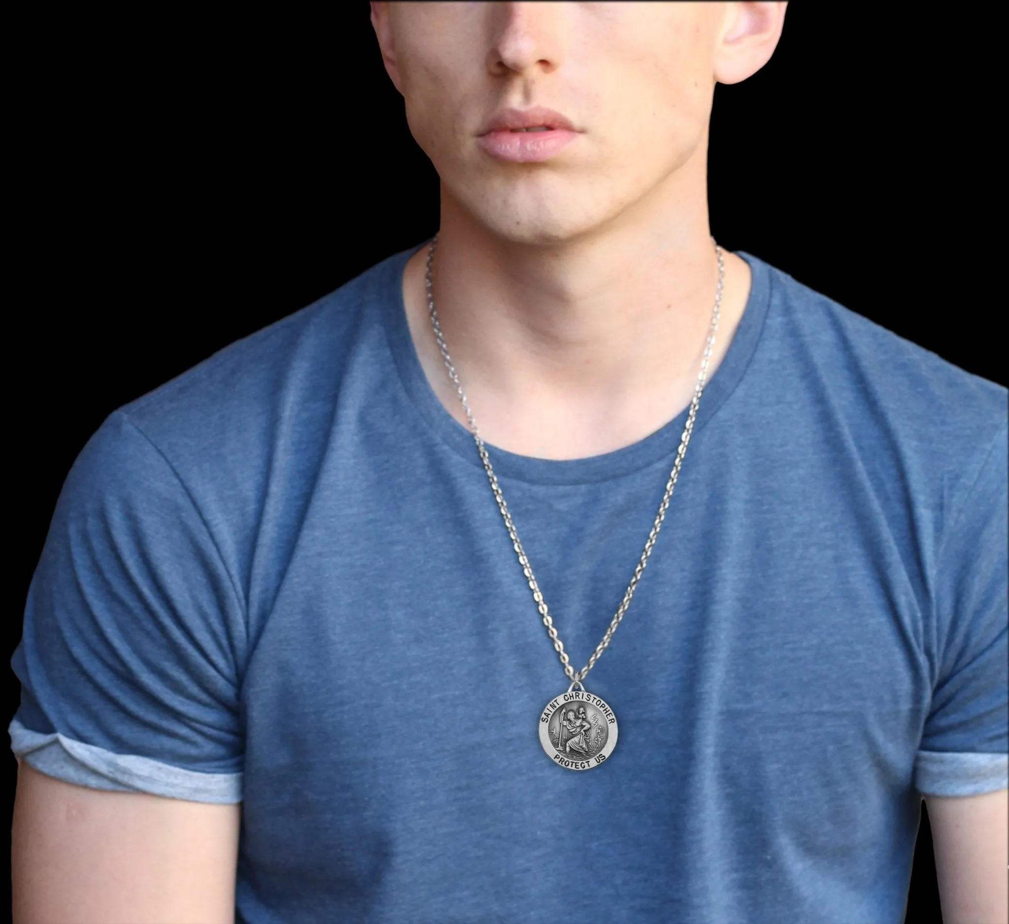 Large Men's 925 Sterling Silver Saint Christopher Round Antique Pendant Necklace, 32mm