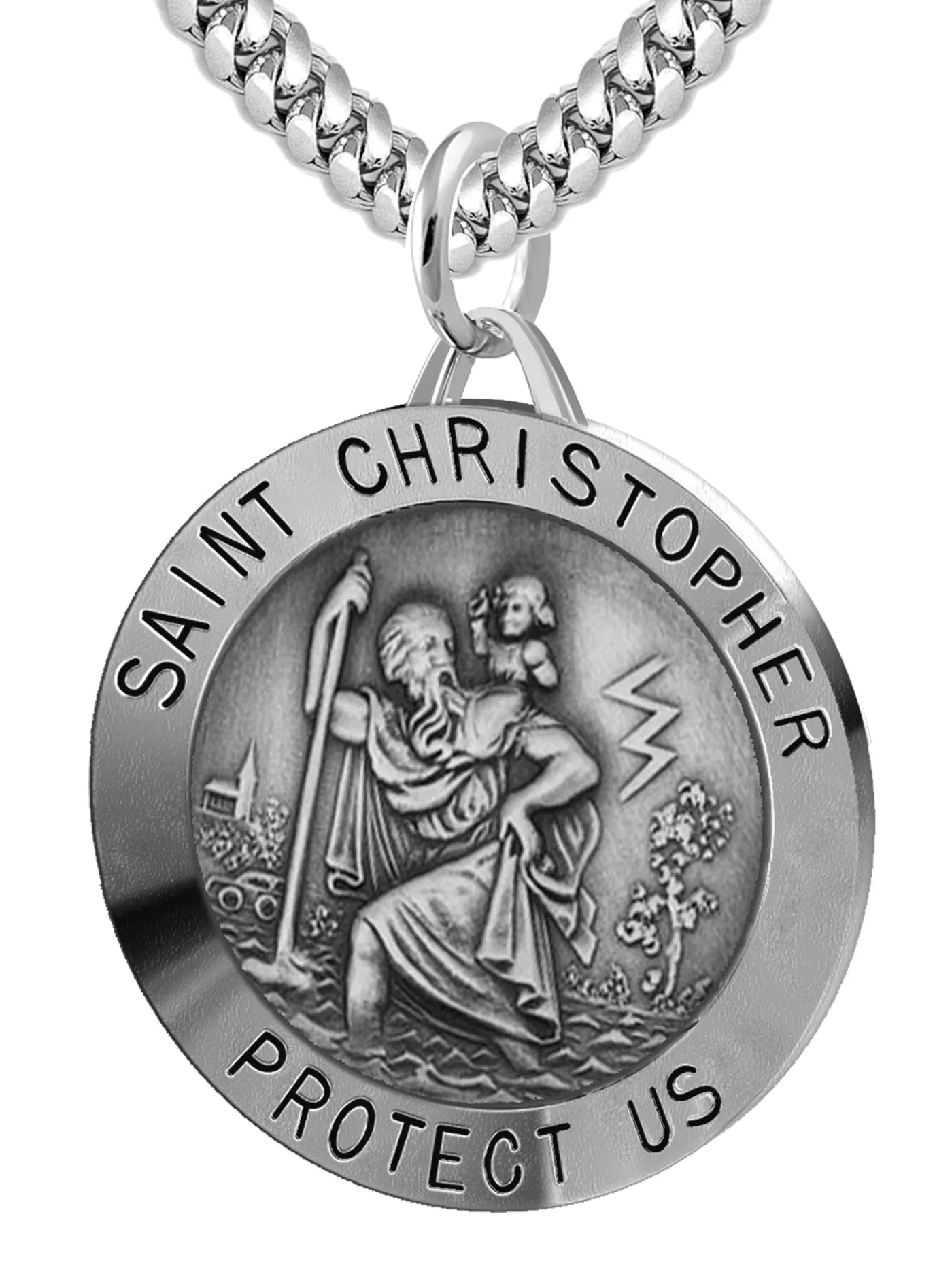Large Men's 925 Sterling Silver Saint Christopher Round Antique Pendant Necklace, 32mm