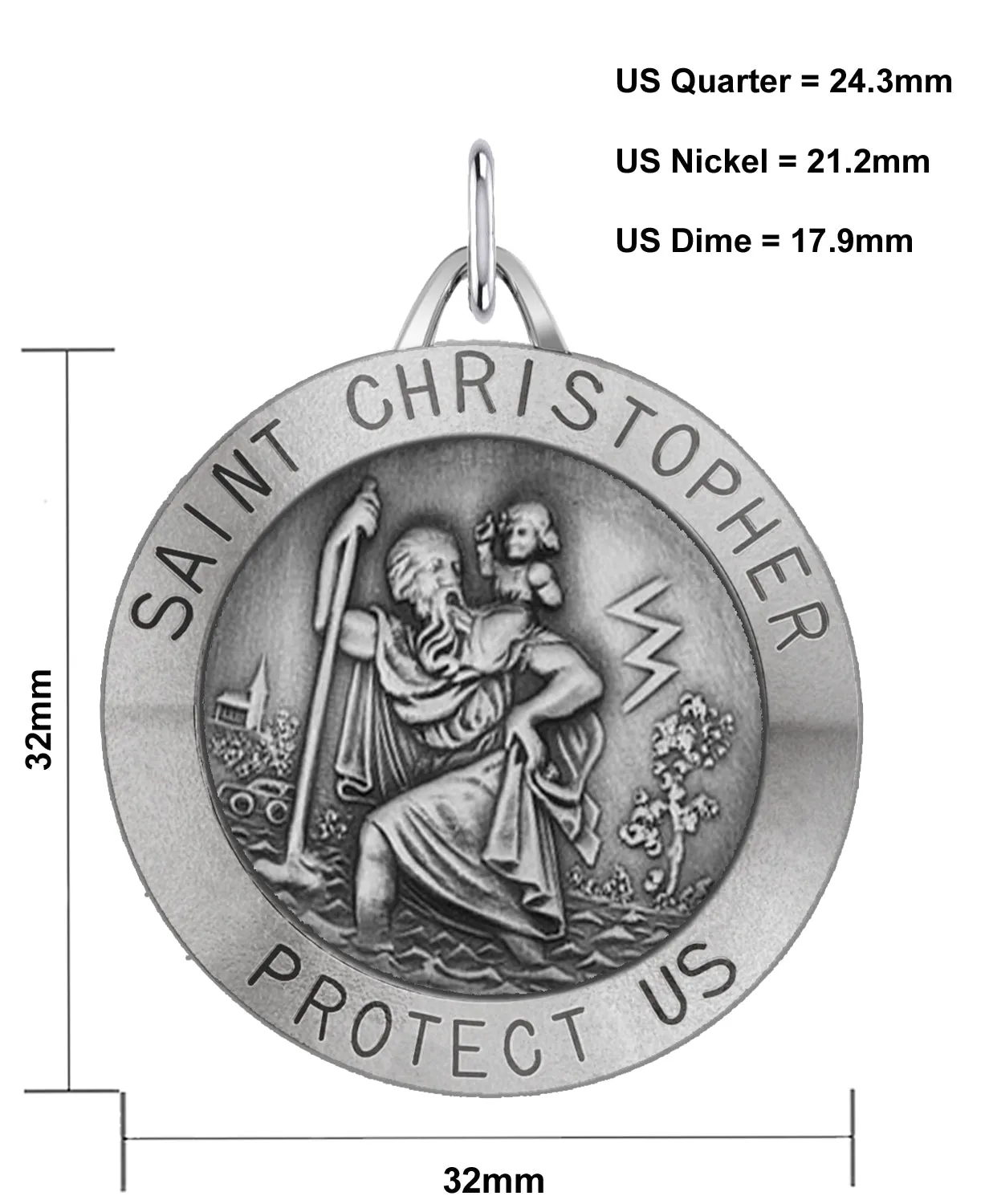 Large Men's 925 Sterling Silver Saint Christopher Round Antique Pendant Necklace, 32mm