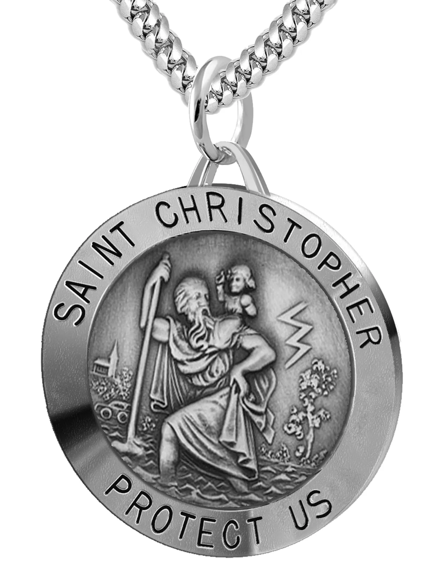 Large Men's 925 Sterling Silver Saint Christopher Round Antique Pendant Necklace, 32mm