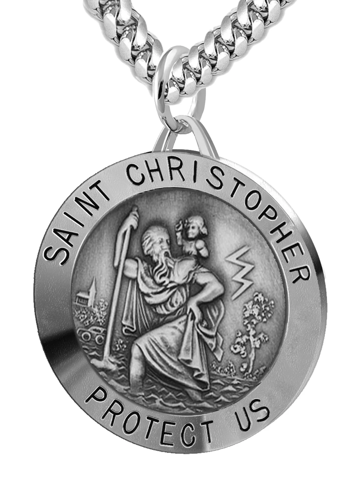 Large Men's 925 Sterling Silver Saint Christopher Round Antique Pendant Necklace, 32mm