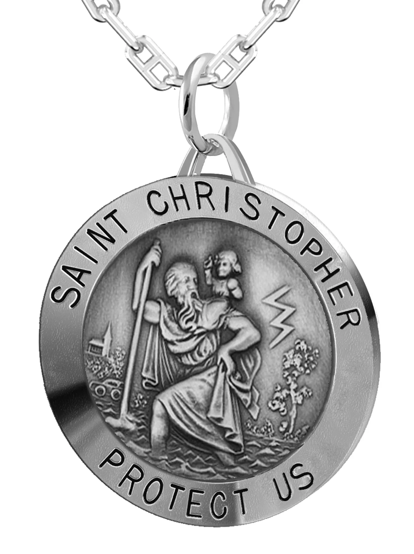 Large Men's 925 Sterling Silver Saint Christopher Round Antique Pendant Necklace, 32mm