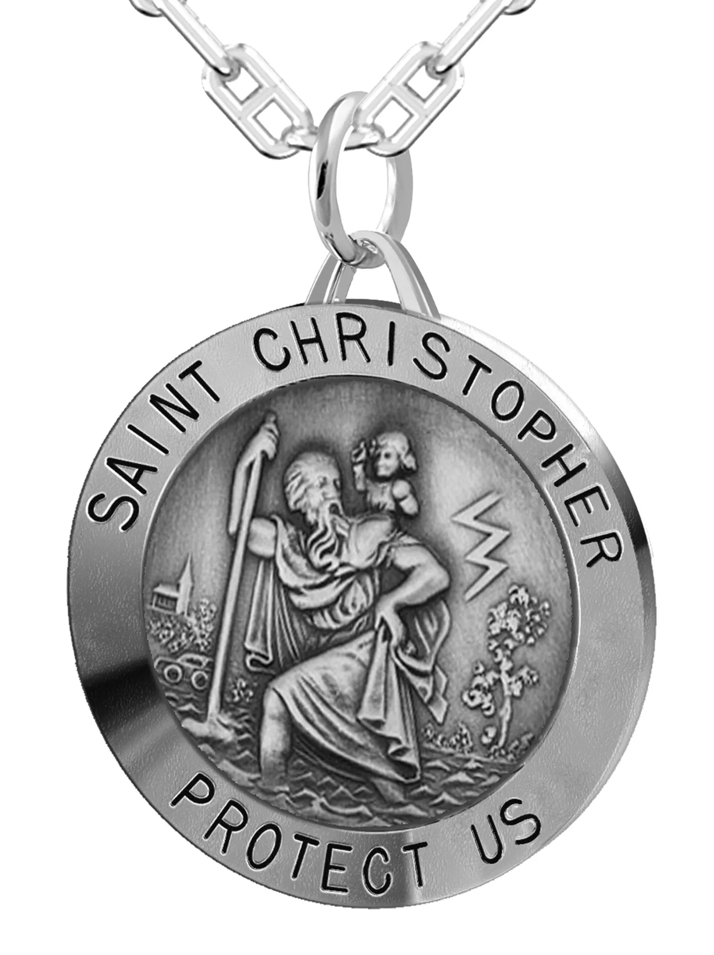 Large Men's 925 Sterling Silver Saint Christopher Round Antique Pendant Necklace, 32mm