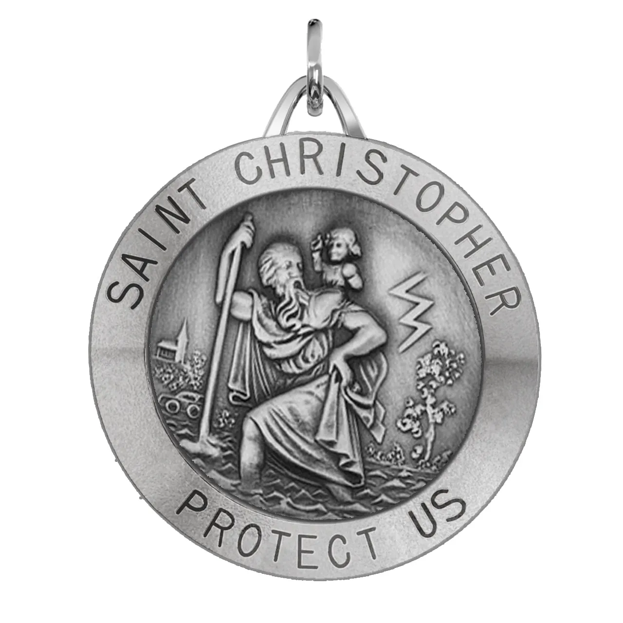 Large Men's 925 Sterling Silver Saint Christopher Round Antique Pendant Necklace, 32mm