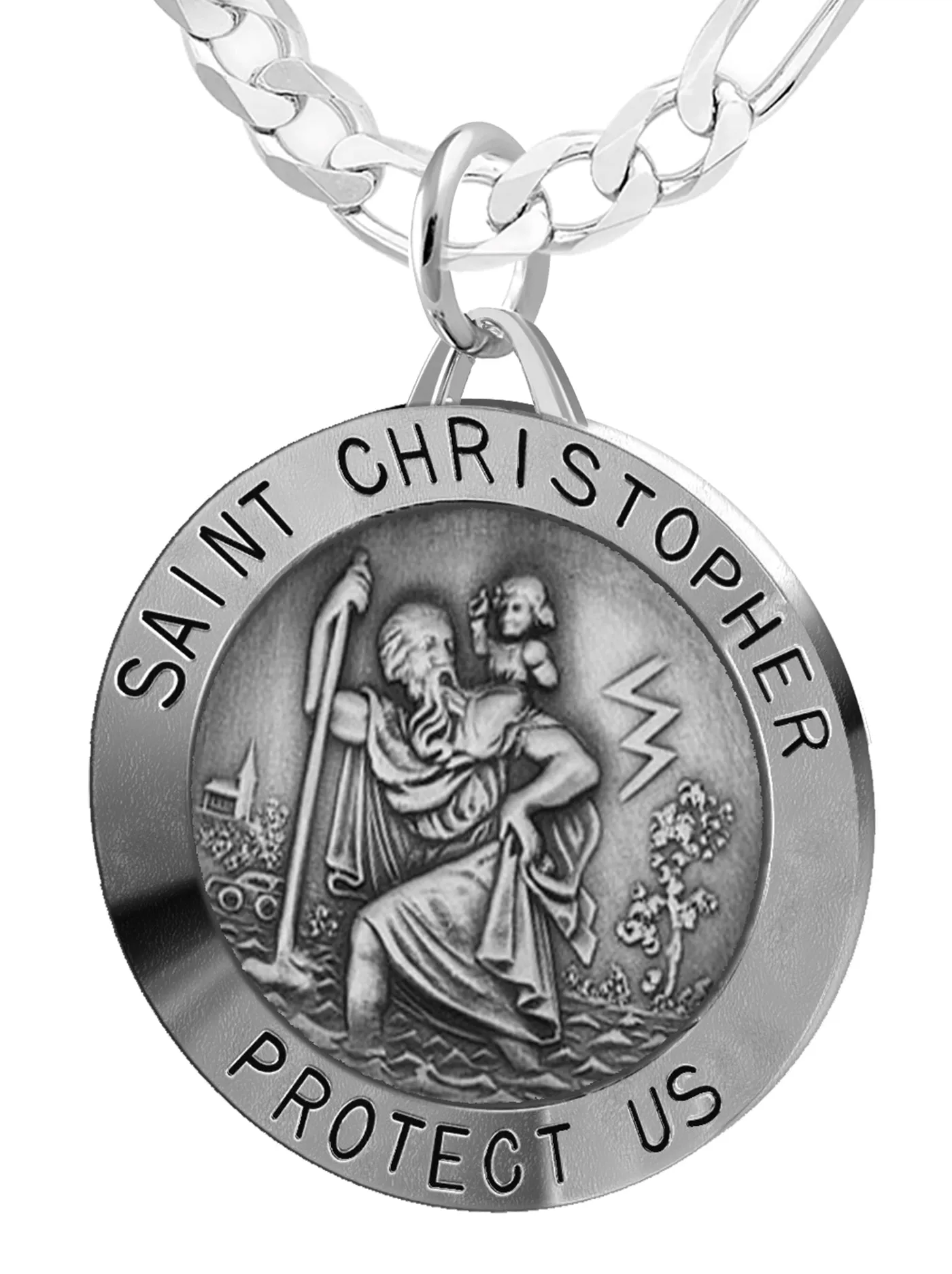 Large Men's 925 Sterling Silver Saint Christopher Round Antique Pendant Necklace, 32mm