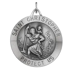 Large Men's 925 Sterling Silver Saint Christopher Round Antique Pendant Necklace, 32mm