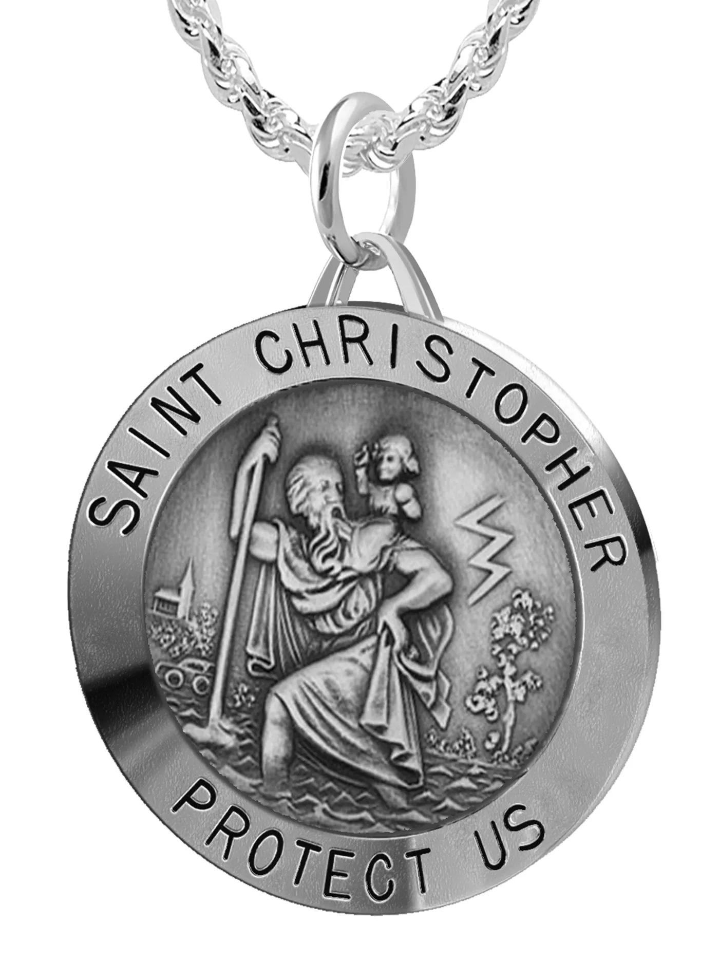 Large Men's 925 Sterling Silver Saint Christopher Round Antique Pendant Necklace, 32mm