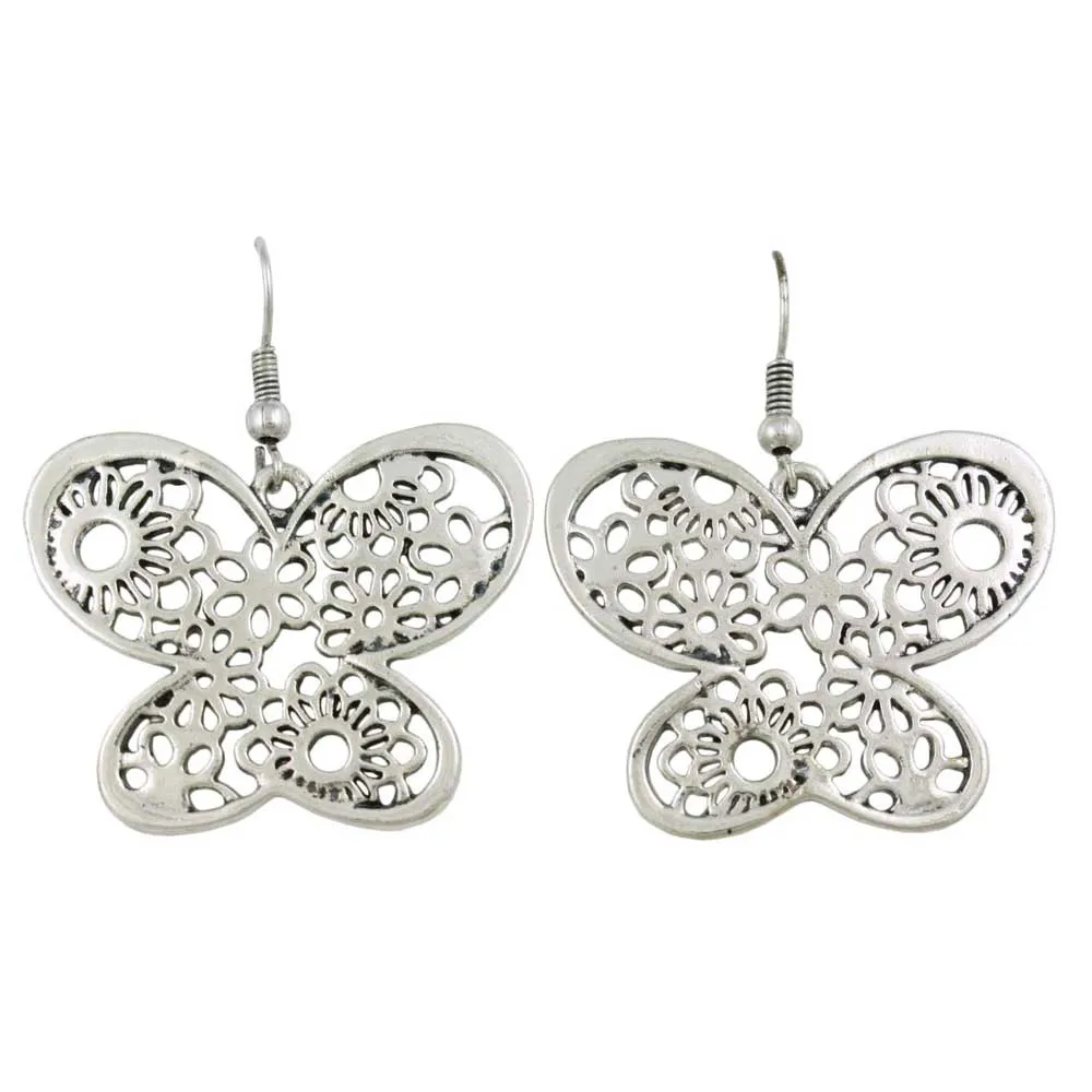 Large Silver Dangling Butterfly Pierced Earring - MEC152