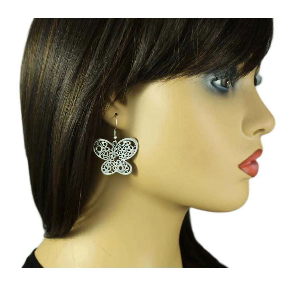 Large Silver Dangling Butterfly Pierced Earring - MEC152