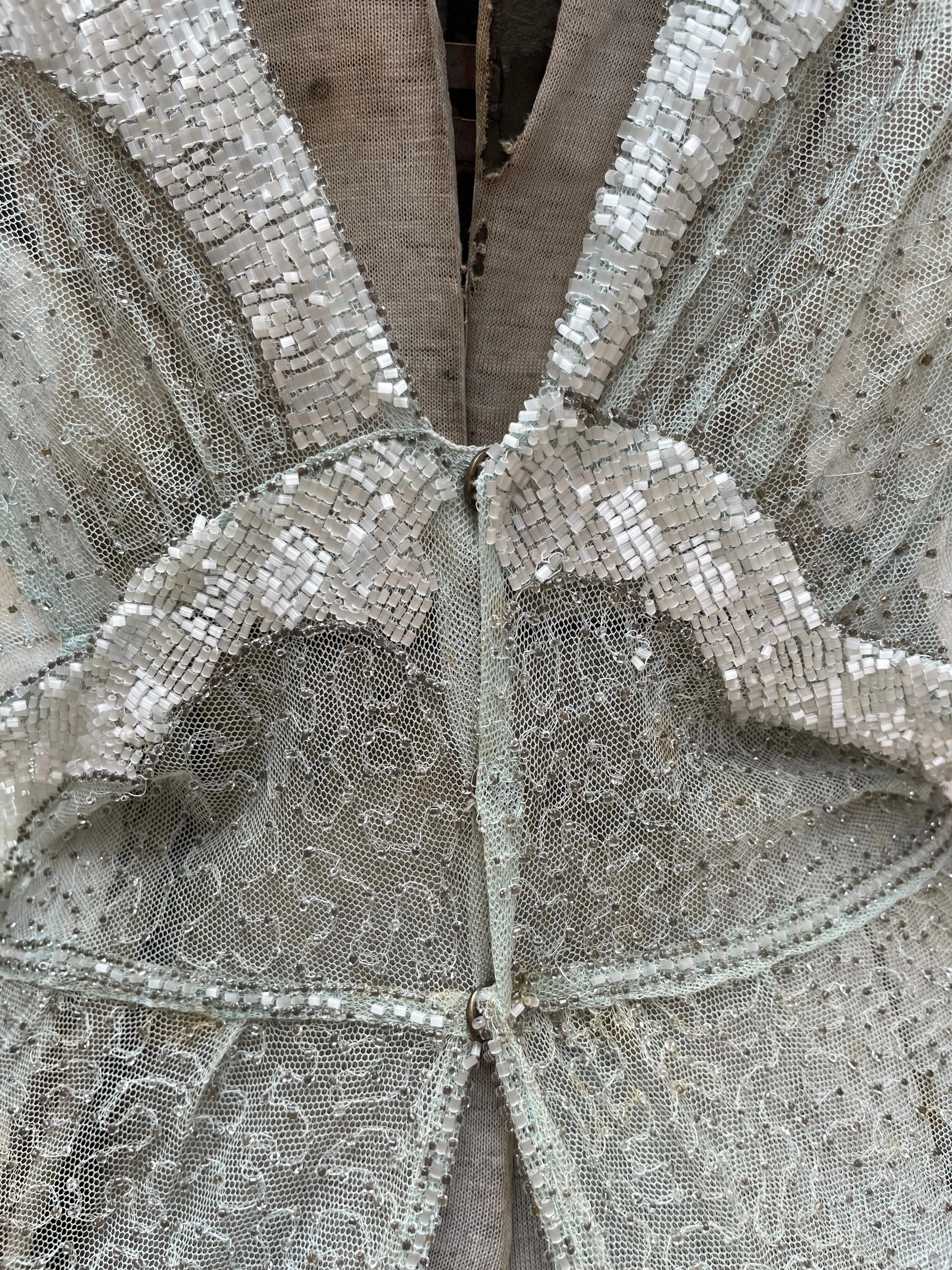 Late 1920s Glass Beaded Mesh Seafoam Blouse