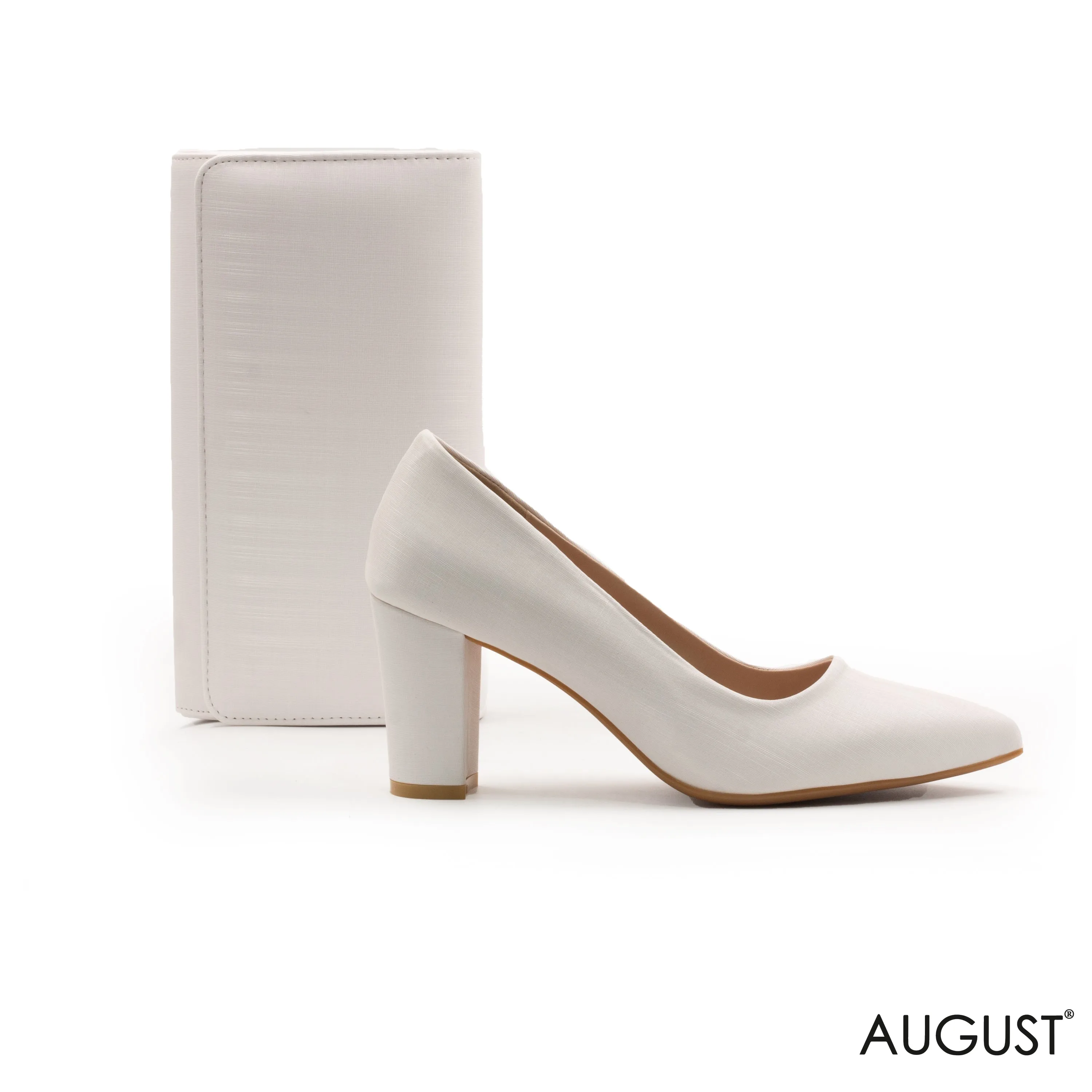 LEATHER POINTED -TOE BLOCK HEELED PUMP, WITHE SMOOTH FABRIC WALLET WITH FLAP