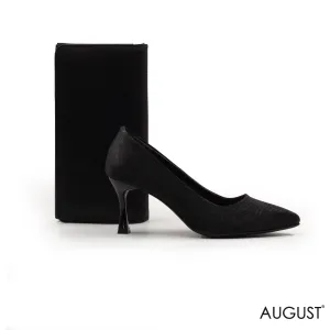 LEATHER POINTED -TOE MED-HEEL PUMP,BLACK ENGRAVED LEATHER WALLET WITH FLAP