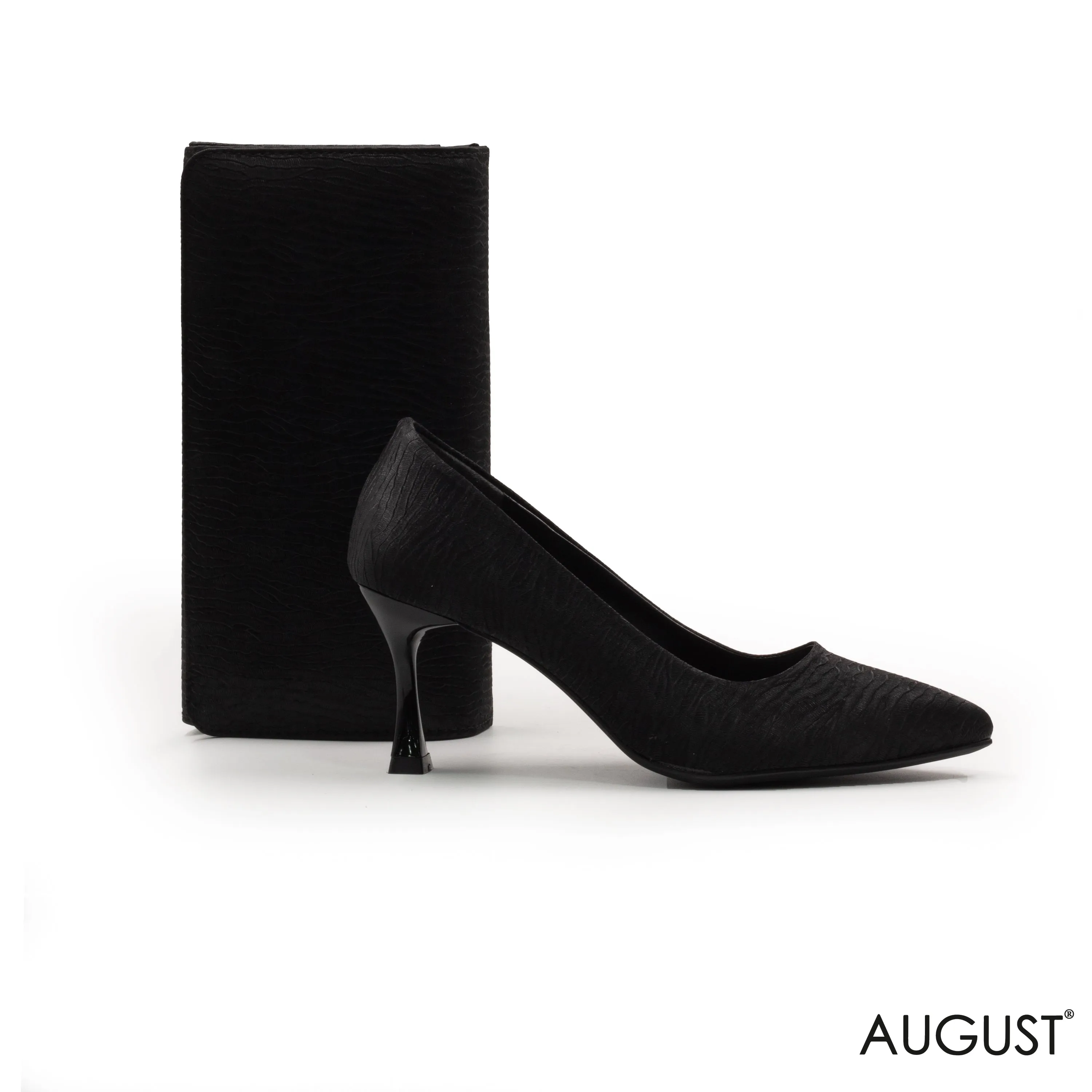LEATHER POINTED -TOE MED-HEEL PUMP,BLACK ENGRAVED LEATHER WALLET WITH FLAP