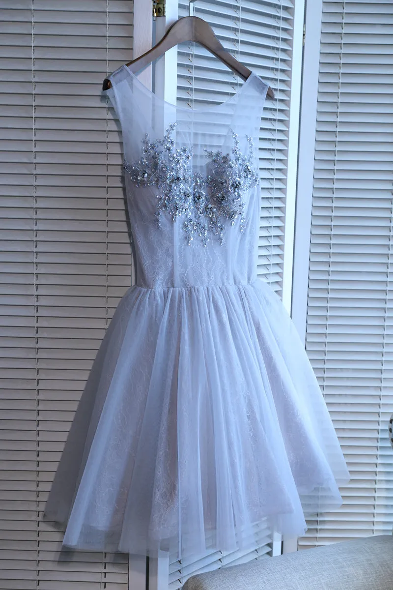 Light Grey Tulle Round Neckline Short Party Dresses, Grey Homecoming Dresses