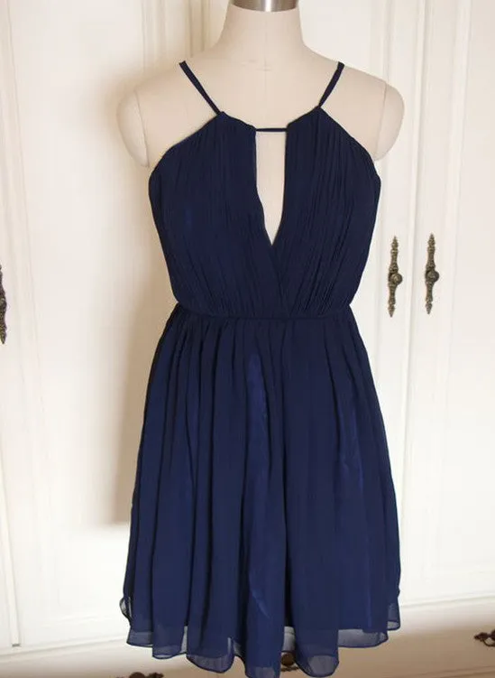 Lovely Navy Blue Chiffon Short Bridesmaid Dress, Cute Party Dress, Blue Wedding Party Dress