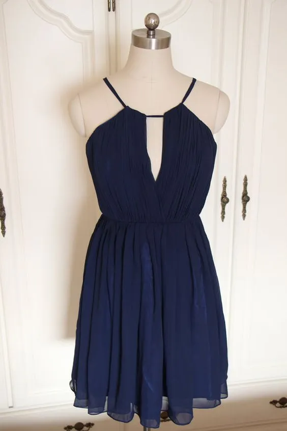 Lovely Navy Blue Chiffon Short Bridesmaid Dress, Cute Party Dress, Blue Wedding Party Dress