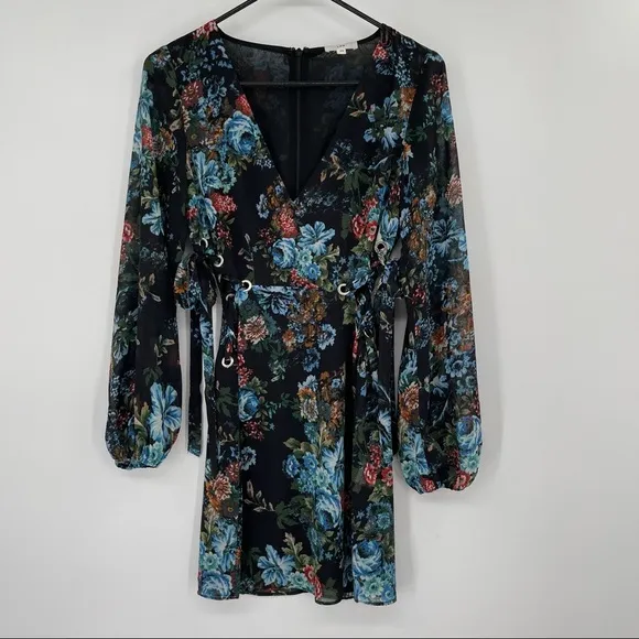 LPA Dress 517 Antique Floral Side Cut Out Lace Detail Mini Dress​