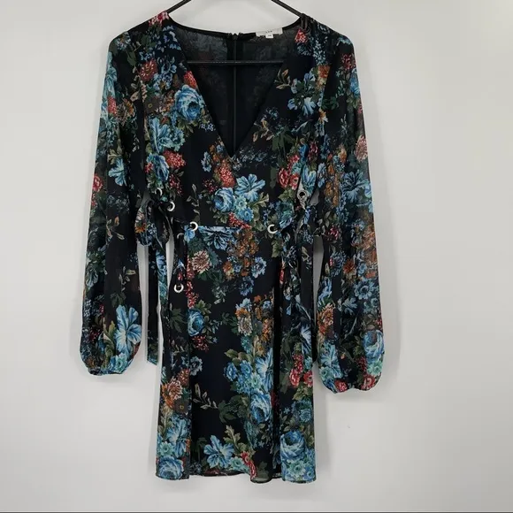LPA Dress 517 Antique Floral Side Cut Out Lace Detail Mini Dress​