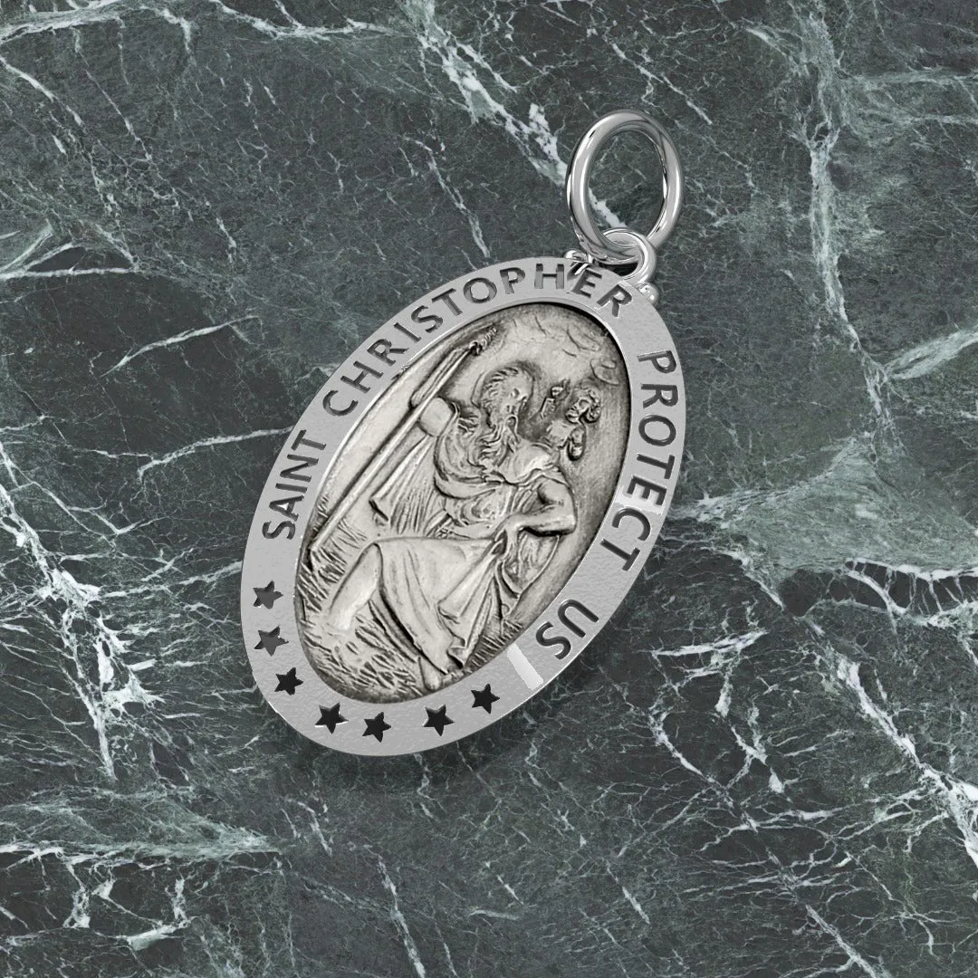 Men's 925 Sterling Silver Saint Christopher Oval Antique Pendant Necklace, 32mm