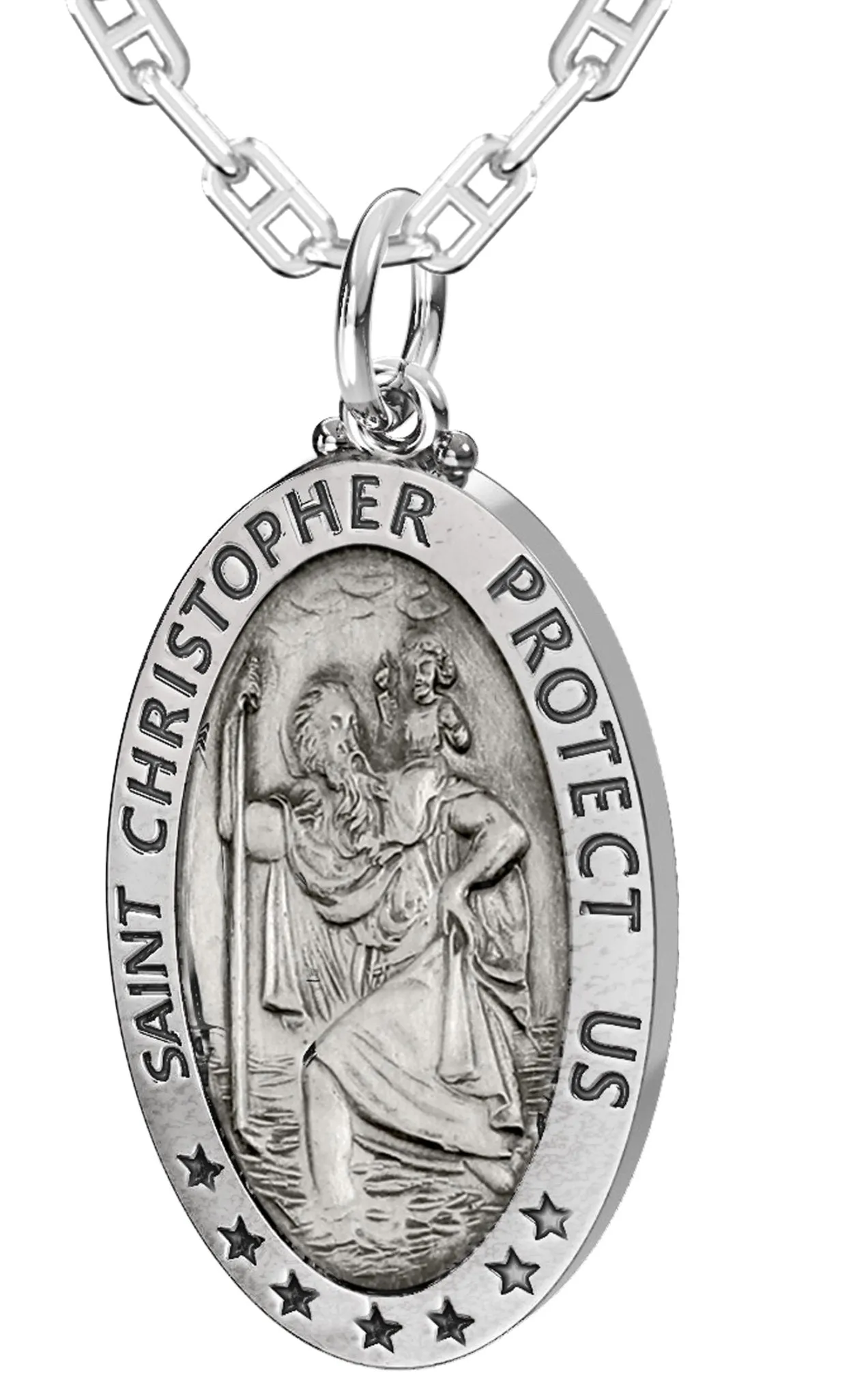 Men's 925 Sterling Silver Saint Christopher Oval Antique Pendant Necklace, 32mm