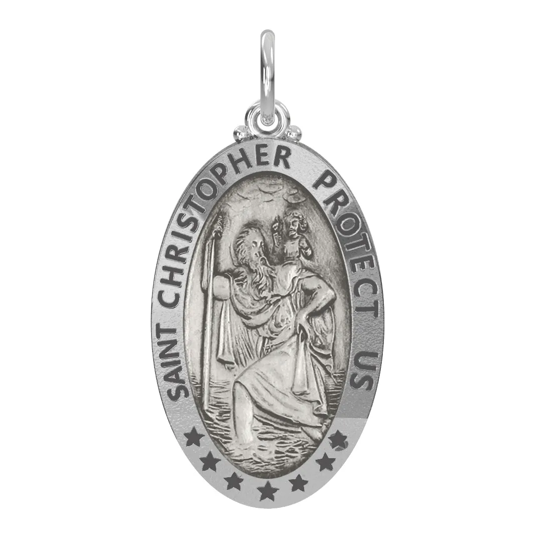 Men's 925 Sterling Silver Saint Christopher Oval Antique Pendant Necklace, 32mm