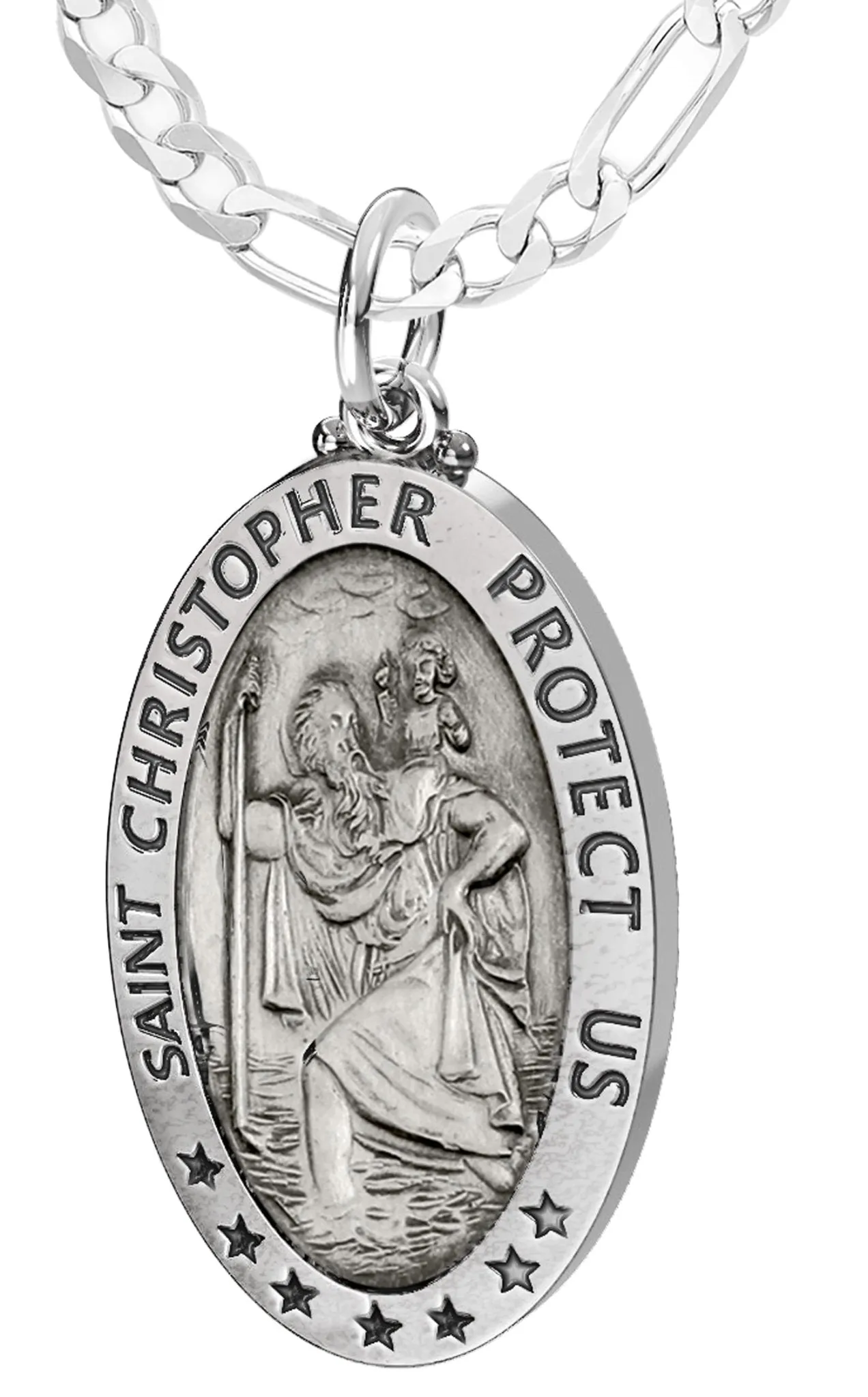 Men's 925 Sterling Silver Saint Christopher Oval Antique Pendant Necklace, 32mm
