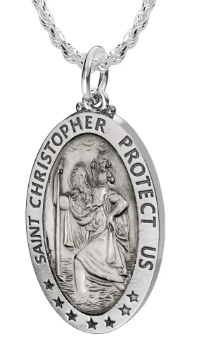 Men's 925 Sterling Silver Saint Christopher Oval Antique Pendant Necklace, 32mm