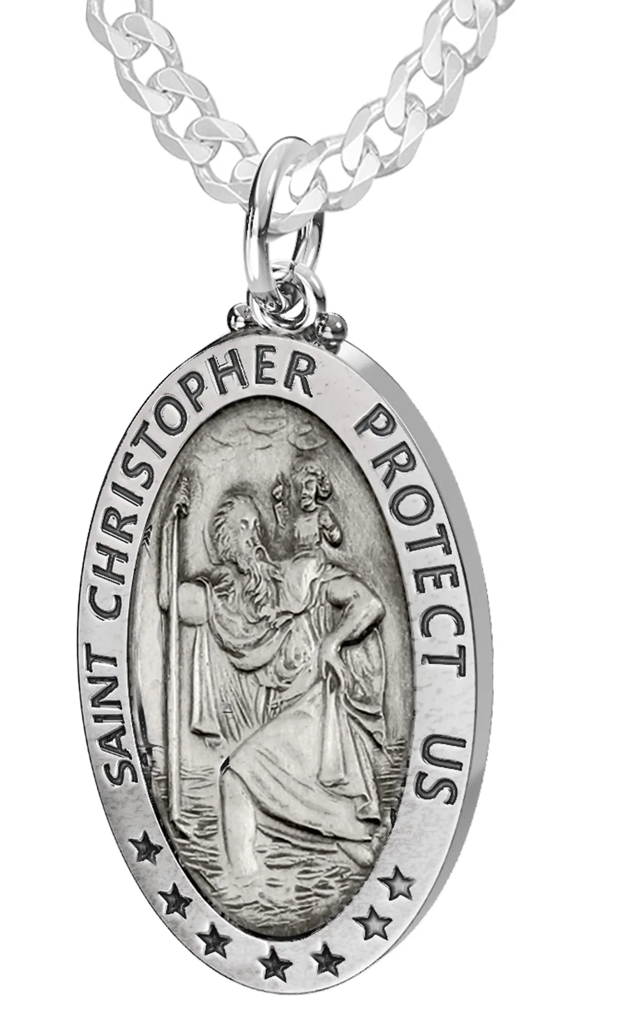 Men's 925 Sterling Silver Saint Christopher Oval Antique Pendant Necklace, 32mm