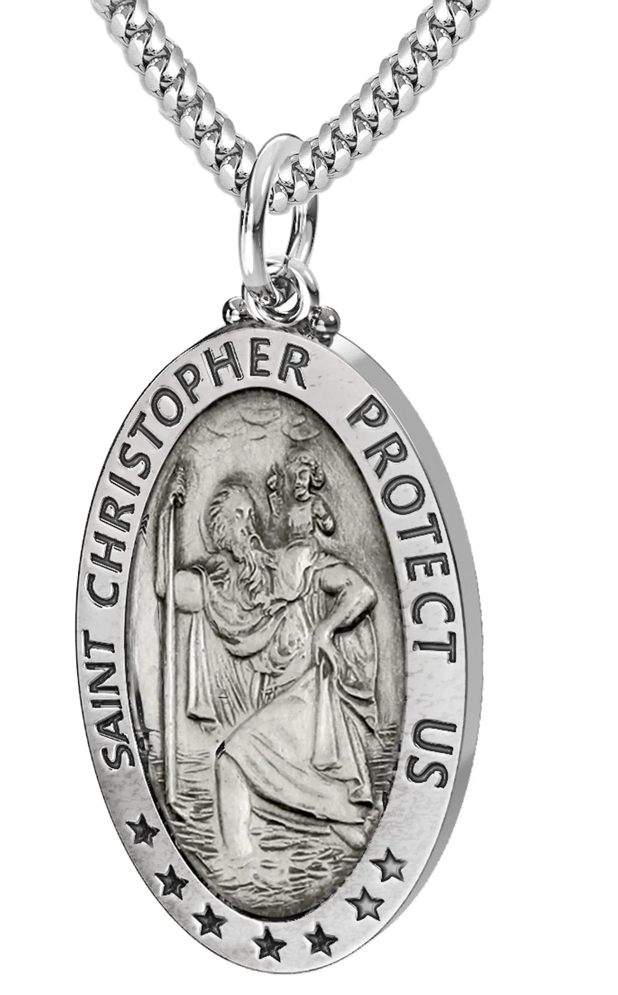 Men's 925 Sterling Silver Saint Christopher Oval Antique Pendant Necklace, 32mm