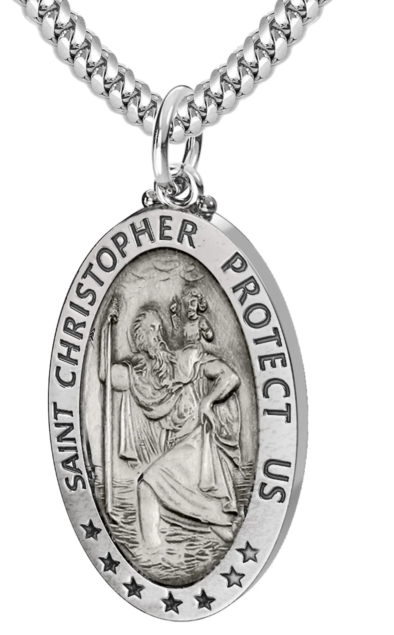 Men's 925 Sterling Silver Saint Christopher Oval Antique Pendant Necklace, 32mm