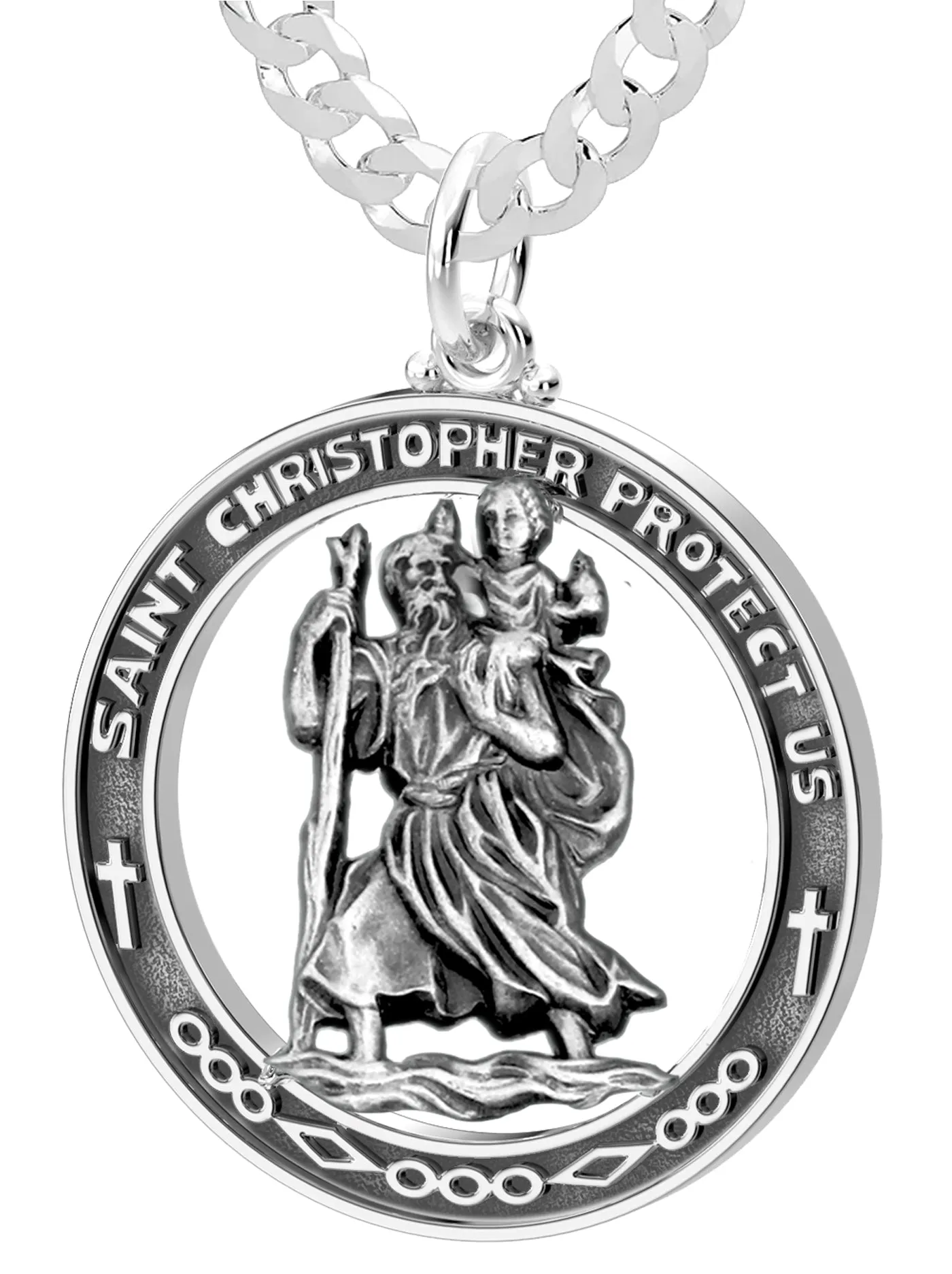 Men's Large 925 Sterling Silver Saint Christopher Round Antique Pendant Necklace, 37mm