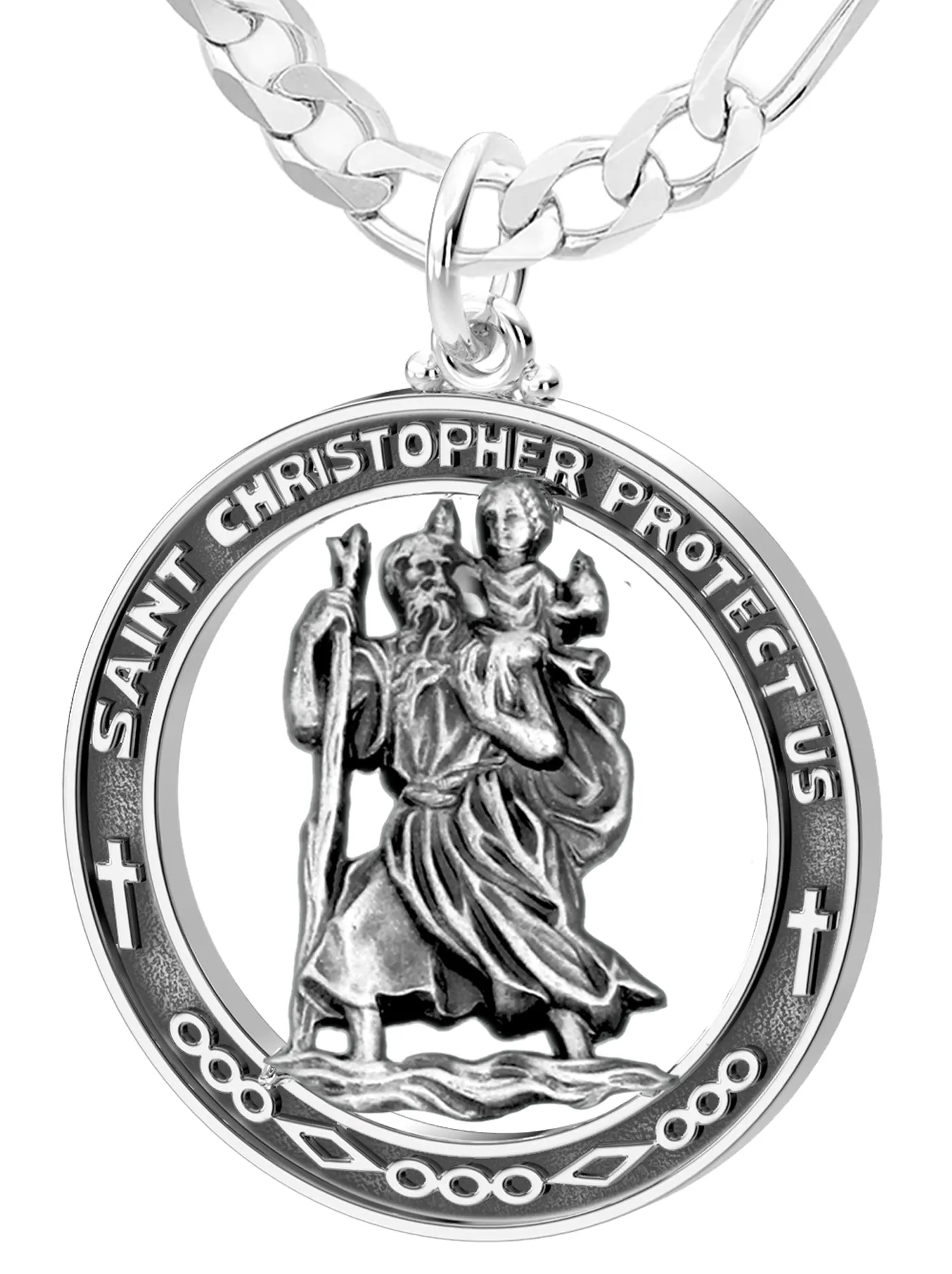 Men's Large 925 Sterling Silver Saint Christopher Round Antique Pendant Necklace, 37mm
