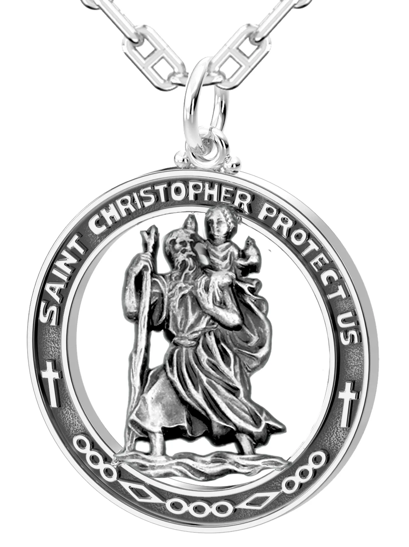 Men's Large 925 Sterling Silver Saint Christopher Round Antique Pendant Necklace, 37mm