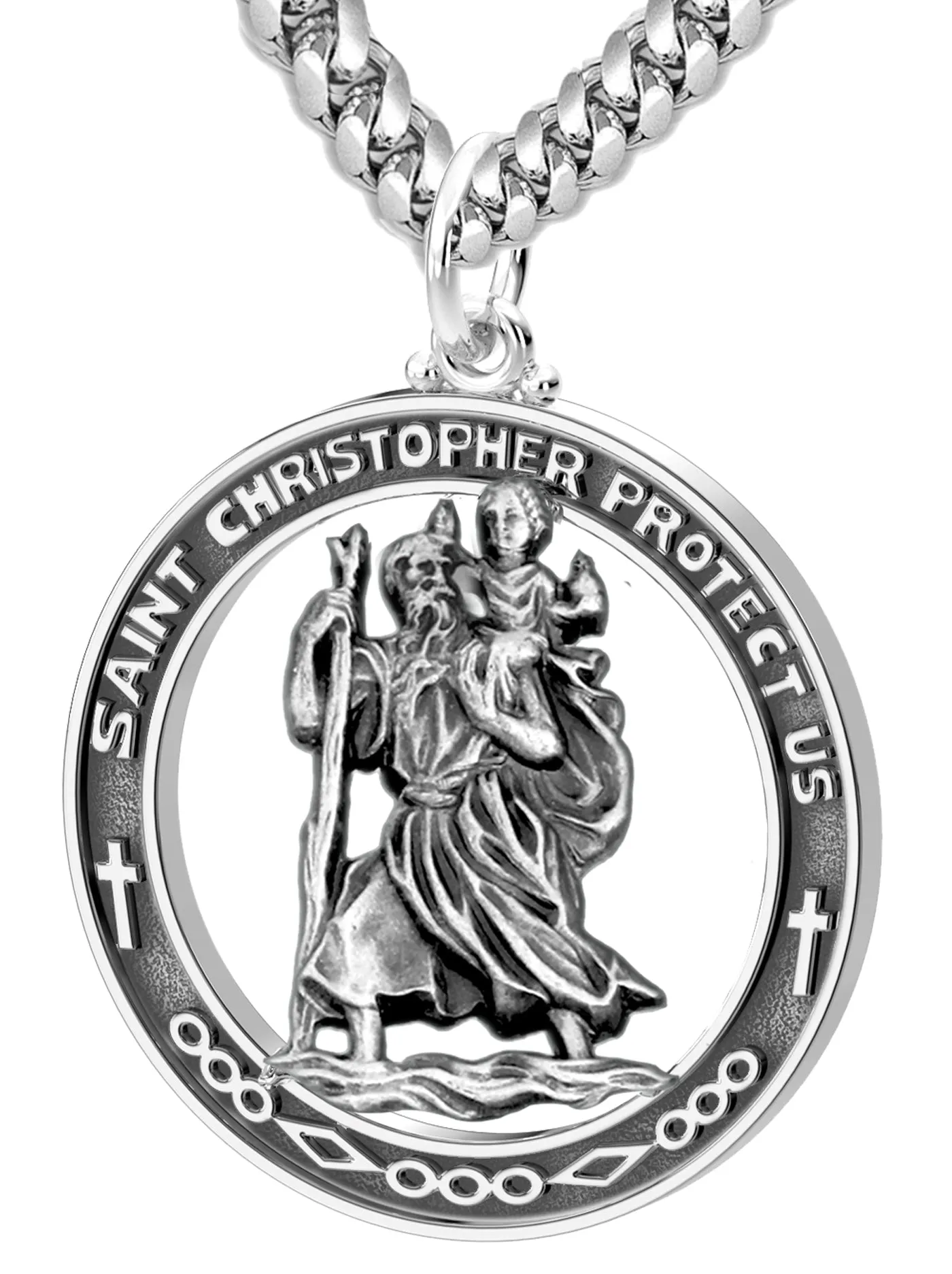Men's Large 925 Sterling Silver Saint Christopher Round Antique Pendant Necklace, 37mm